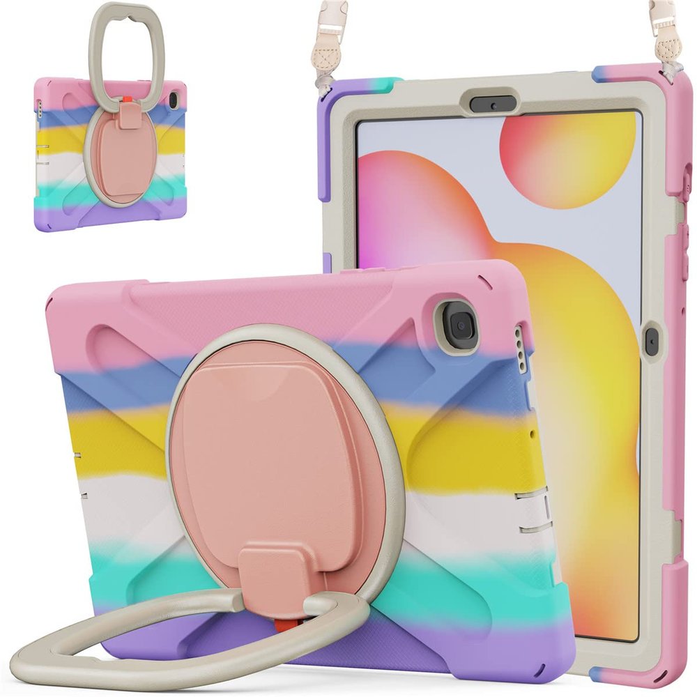 360 Rotation Case for Samsung Galaxy Tab S6 Lite 10.4" Sturdy Cover Rotate Ring Stand Shoulder Carrying Strap Hand Strap Rugged Children Adults Outdoor Case (Colourful Pink)