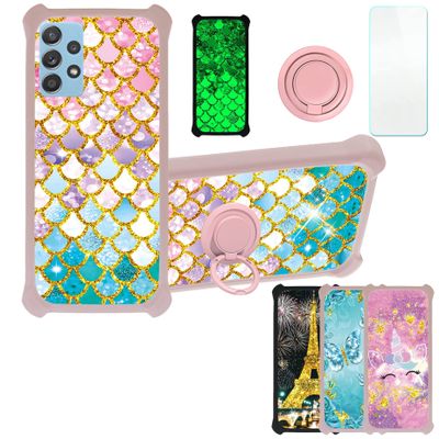 Galaxy A14 5g Case Compatible with Samsung Galaxy A14 5g Phone Case Cover [with Tempered Glass Screen Protector][Hard PC + Soft Silicone][Ring Support] [Gold Glitter+Luminous] JSF-YL
