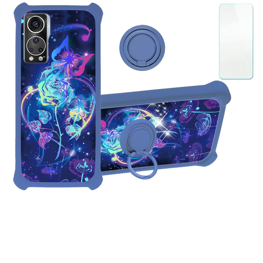 jioeuinly Case for Zte Axon 30s Case Compatible with Zte Axon 30s Phone Case Cover [with Tempered Glass Screen Protector][Hard PC + Soft Silicone][Ring Support] [Colorful Reflect Light] IMDL-LMG