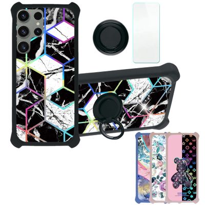 Galaxy S23 Ultra Case Compatible with Samsung Galaxy S23 Ultra Phone Case Cover [with Tempered Glass Screen Protector][Hard PC + Soft Silicone][Ring Support] [Colorful Reflect Light] IMDH-HS