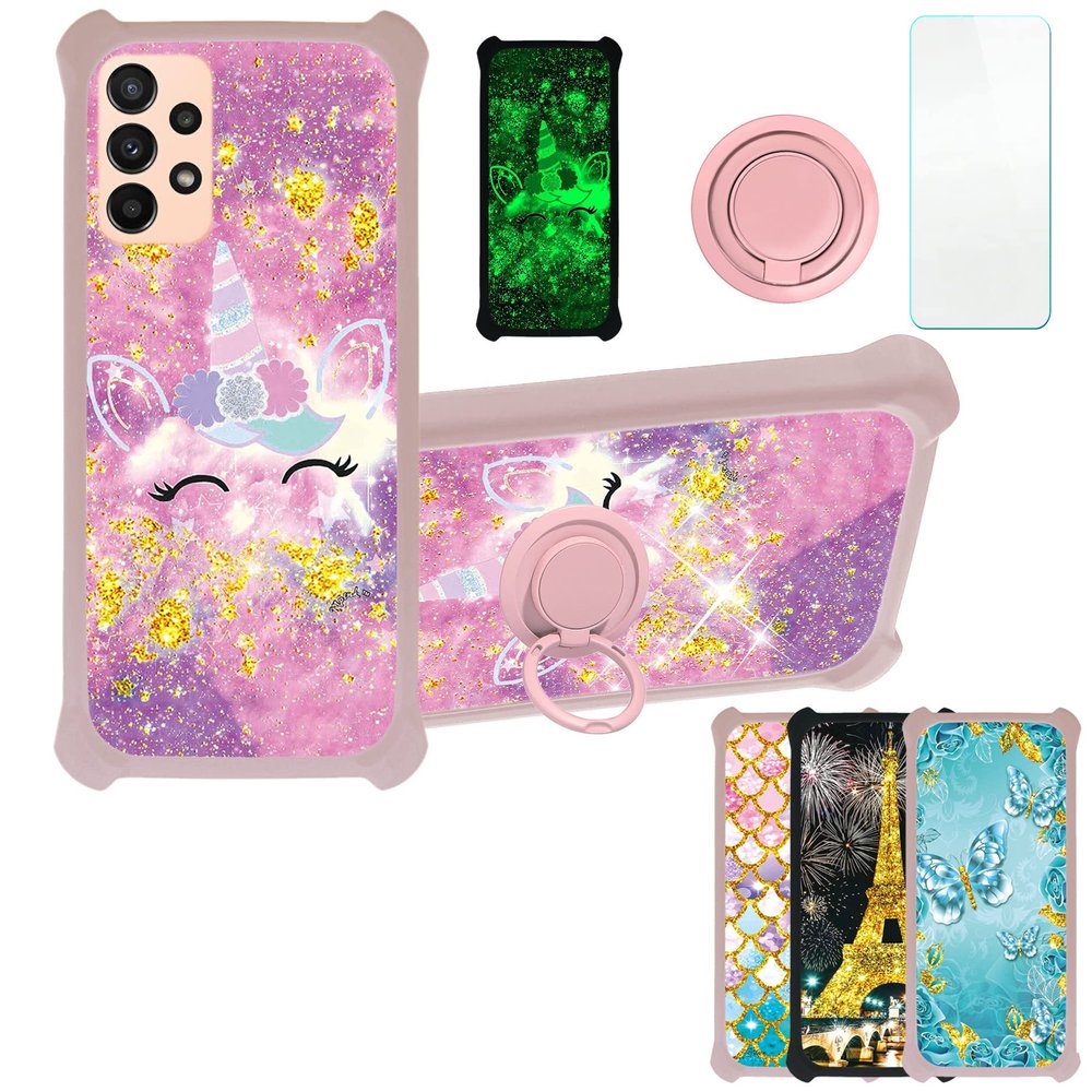 Galaxy A23 5g Case Compatible with Samsung Galaxy A23 5g 2022 Sm-A233c A233j A233dPhone Case Cover [with Tempered Glass Screen Protector][Hard PC + Soft Silicone][Gold Glitter+Luminous] JSF-DJS