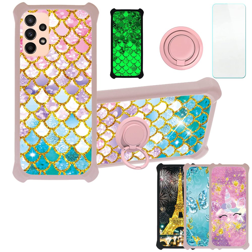 Galaxy A23 5g Case Compatible with Samsung Galaxy A23 5g 2022 Sm-A233c A233j A233dPhone Case Cover [with Tempered Glass Screen Protector][Hard PC + Soft Silicone][Gold Glitter+Luminous] JSF-YL