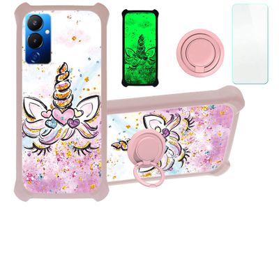 Case for Tecno Pova 4 Pro Case Compatible with Tecno Pova 4 Pro Phone Case Cover [with Tempered Glass Screen Protector][Hard PC + Soft Silicone][Ring Support] [Gold Glitter+Luminous] JSF-JJS