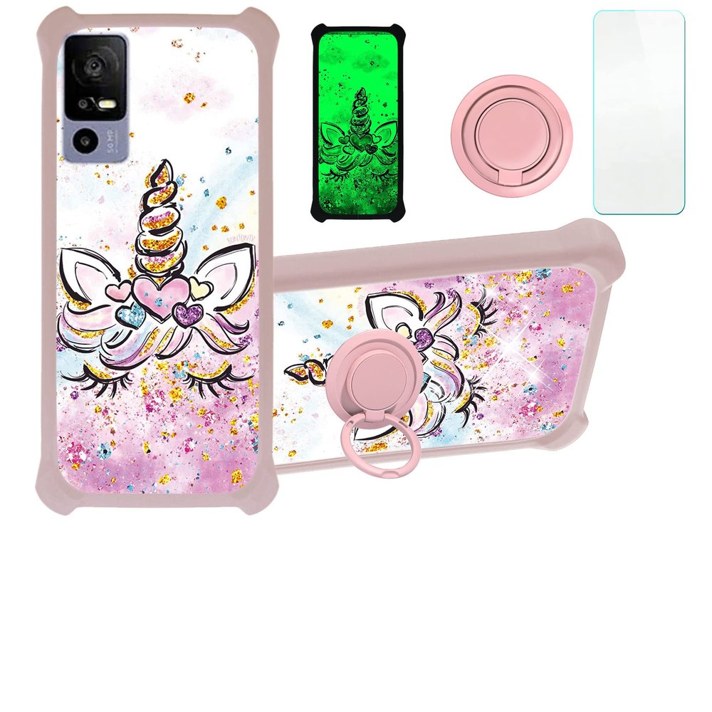 jioeuinly Case for TCL 40r 5g Case Compatible with TCL 40r 5g Phone Case Cover [with Tempered Glass Screen Protector][Hard PC + Soft Silicone][Ring Support] [Gold Glitter+Luminous] JSF-JJS