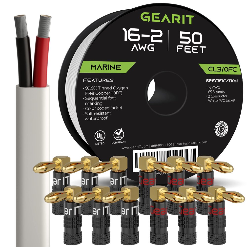 GearIT 50ft 16 AWG CL3 White Marine Wire & 12 Rt Angle Banana