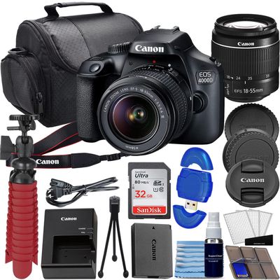 Canon EOS 4000D / Rebel T100 DSLR Camera w/EF-S 18-55mm f/3.5-5.6 Lens Kit Bundled with 32GB Memory, Carrying Case, 12" Gripster Flex Tripod + More (Renewed)