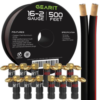 GearIT 500ft 16ga Black Speaker Wire & 12 Rt Angle Banana