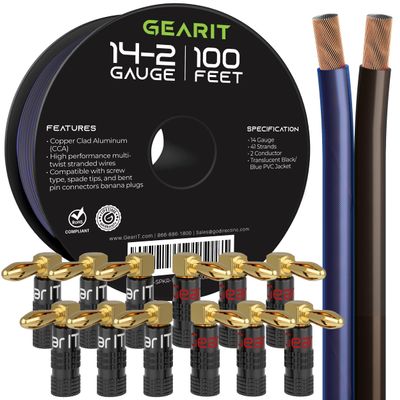 GearIT 100ft 14ga Translucent Blue/Black Speaker Wire & 12 Rt Angle Banana