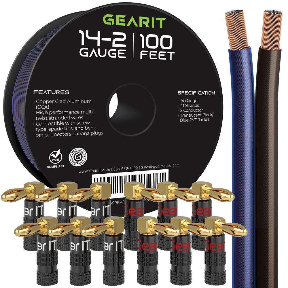 GearIT 100ft 14ga Translucent Blue/Black Speaker Wire & 12 Rt Angle Banana