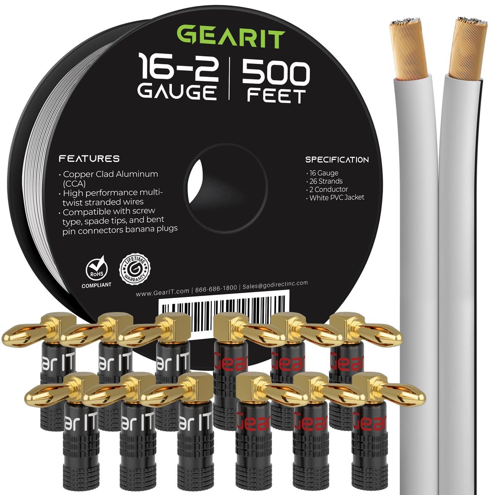 500ft 16ga Speaker Wire & 12 Rt Angle Banana