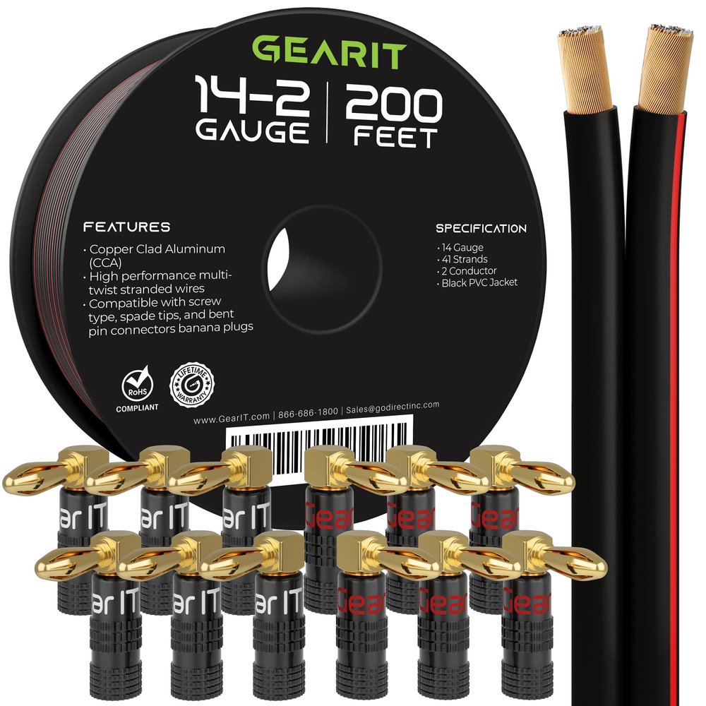 GEARit 200ft 14ga Black Speaker Wire & 12 Rt Angle Banana