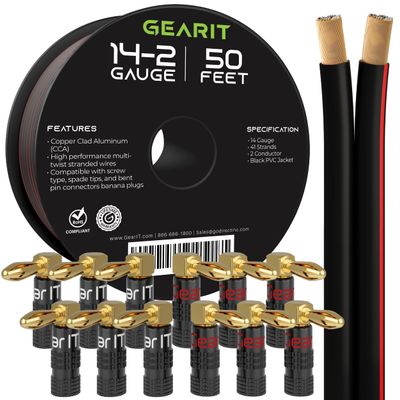 GearIT 50ft 14ga Black Speaker Wire & 12 Rt Angle Banana