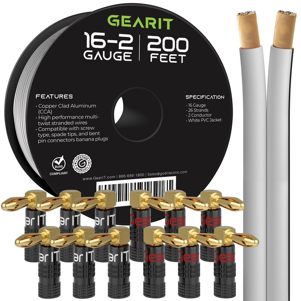 GearIT 200ft 16ga White Speaker Wire & 12 Rt Angle Banana