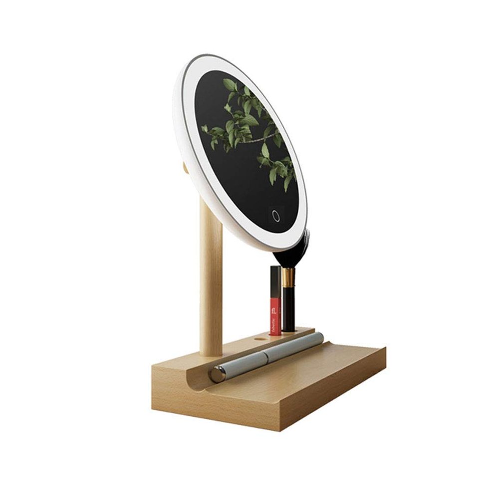 DYPASA Vanity Mirror Solid Wood Desktop LED Vanity Mirror Fill Light with Lamp Portable Desktop Vanity Mirror Rechargeable with Storage Household Cosmetic Mirror
