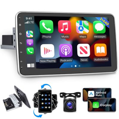 [2G+64G] 10.1 inch Android 13 Single Din Car Stereo Touch Screen Vertical Radio Rotatable Head Unit, Wired&Wireless CarPlay/Android Auto/Hi-Fi/Bluetooth/1080P/SWC/GPS+AHD Backup Camera+ MIC