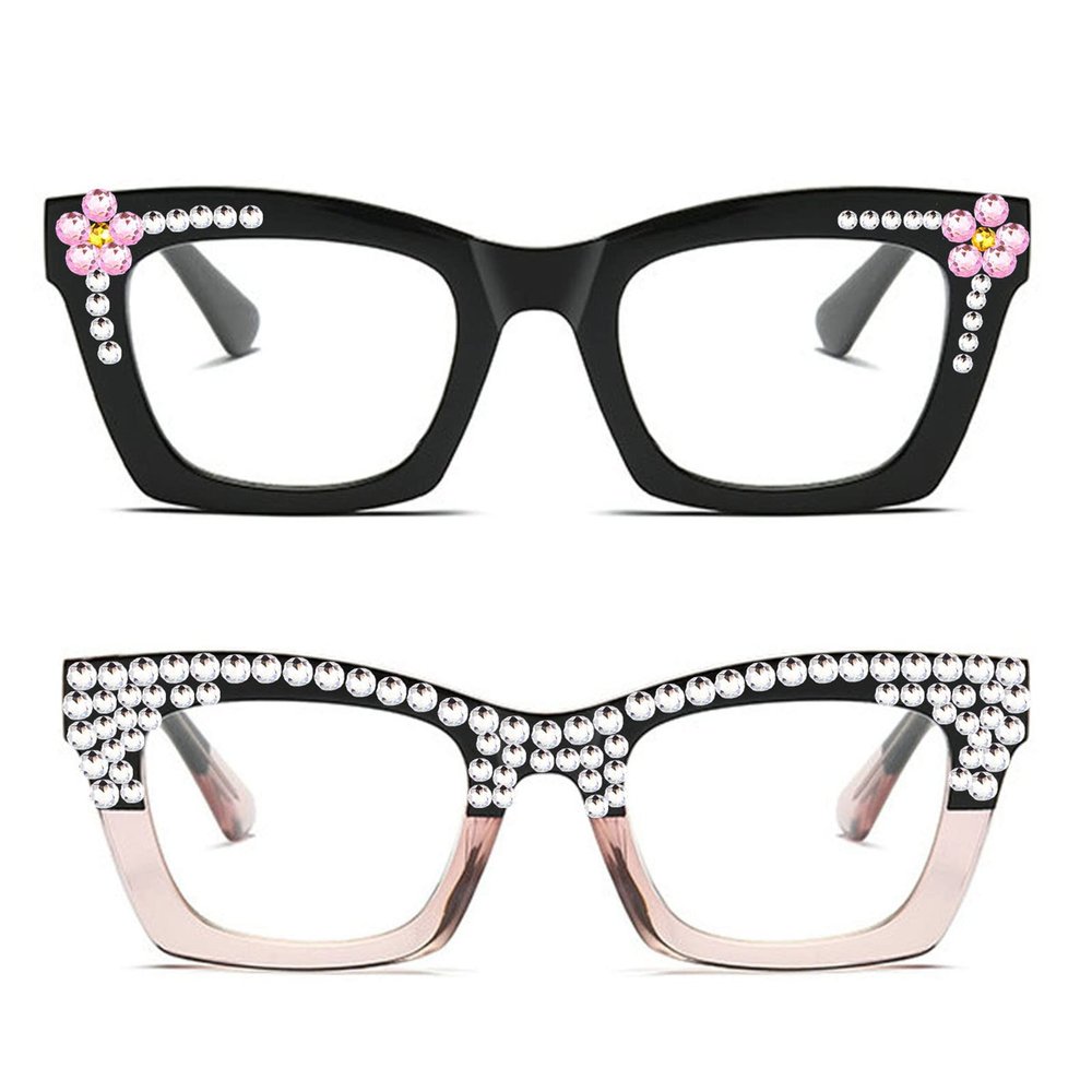 willochra 2PCS TR90 Reading Glasses for Women Oversized Rhinestone Computer Blue Light Blocking Glasses (2PCS-black&pink, 3.25, multiplier_x)