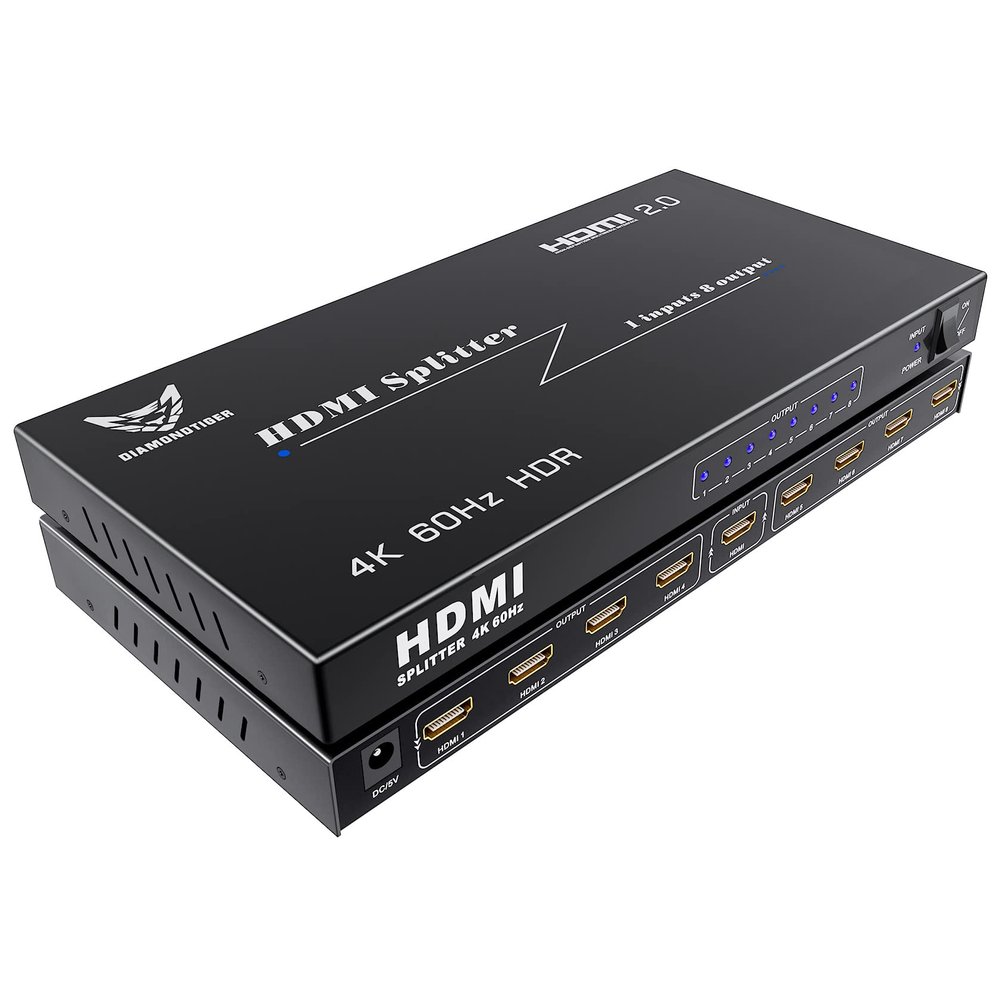 DiamondTiger 4K@60Hz HDMI Splitter 1 in 8 Out, 1x8 HDMI 2.0b Hub Powered Switcher with EDID Auto Video Scaling, 18Gbps HDCP 2.2, 3D HDR Atmos Audio Video Sync for PS5/PC/TV/Projector