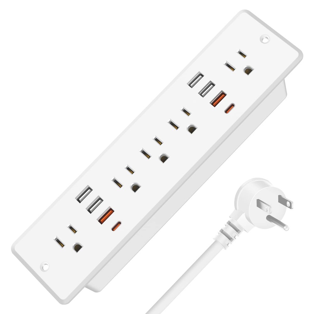 HHSOET 13 in 1 Recessed Power Strip Flat Plug, Fast Charging Desk Outlet with USB, Conference Recessed Power Outlet Socket with 5 AC Plugs, 6 USB Ports 2 USB-C, 6ft Power Cord. (White)
