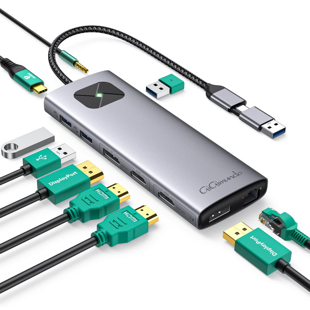 GiGimundo LK10 10 in 1 Laptop Docking Station Dual Monitor, USB C Hub Dual 4K@60Hz HDMI, 2 DP, 3 USB A, 100W PD, 1000Mbps Ethernet, 3.5MM Audio, USB Multiport Adapter for MacBook/DELL/HP/Lenovo