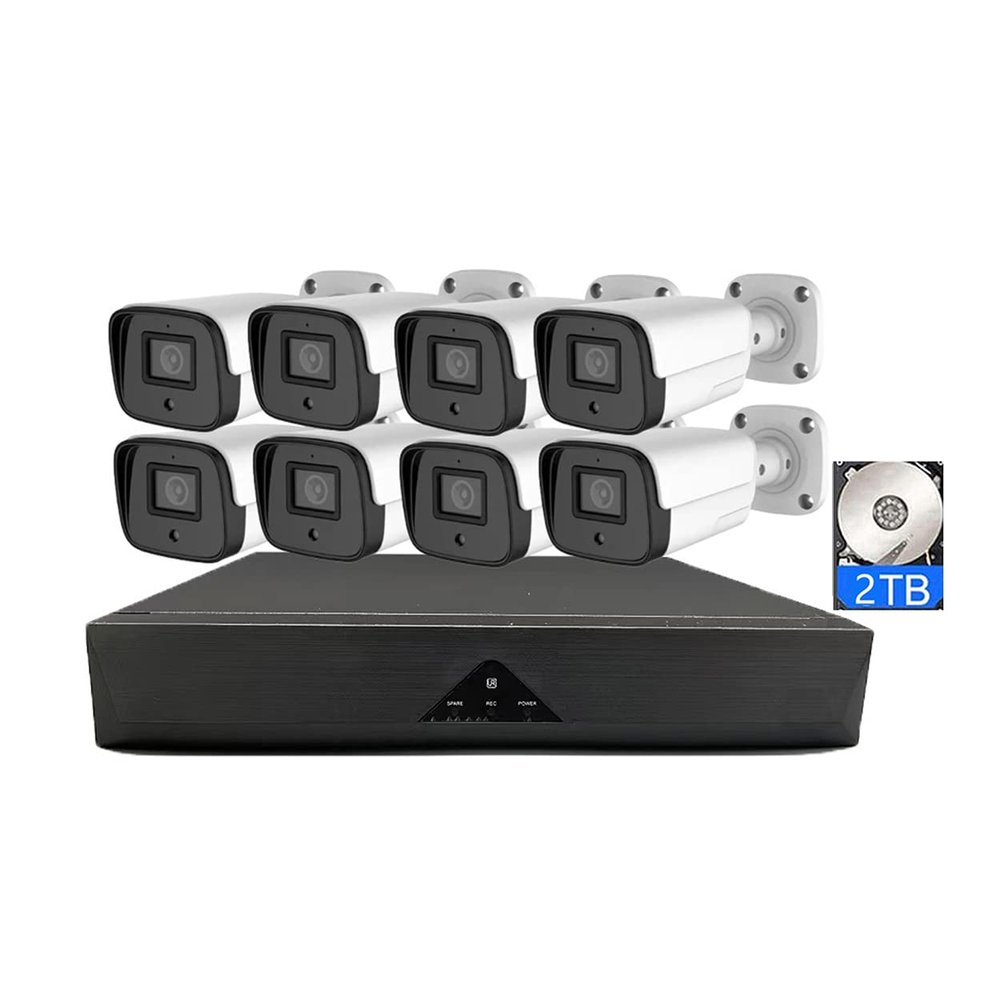 5MP POE Security Cameras System Built-in Audio, Outdoor 2K Surveillance Cameras Kit with Motion Detection, Color Night Vision, Remote Viewing, POE NVR Kit with 2T Hard Disk