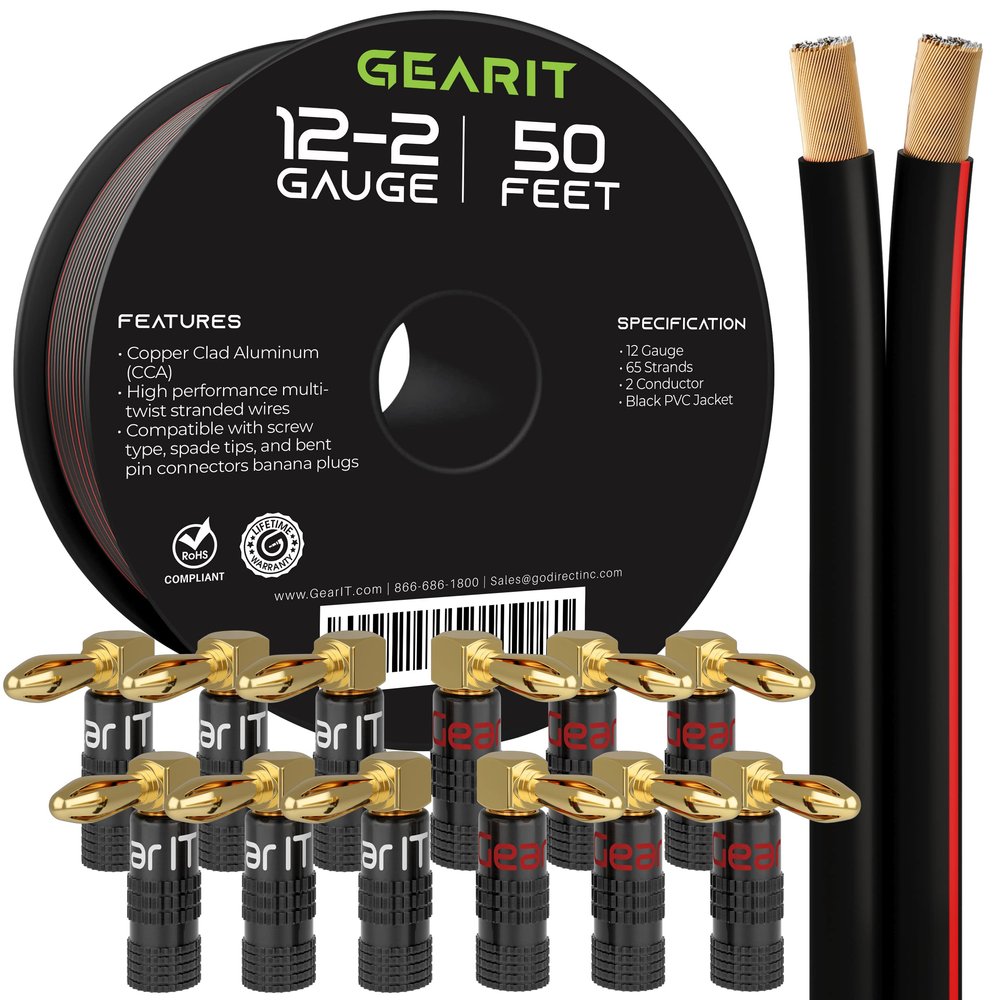 GEARit 50ft 12ga Speaker Wire & 12 Rt Angle Banana