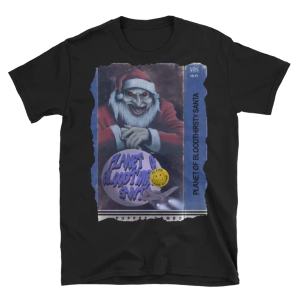 Puppet Combo 'Planet of Bloodthirsty Santa' VHS Cover T-Shirt Black 3XL