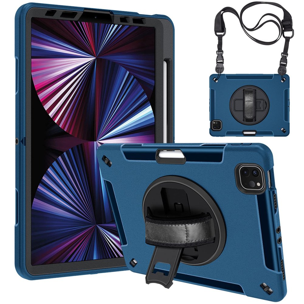 AdirMi Case for New iPad Pro 11 Inch Case 2022(4th Gen)/2021(3rd Gen)/2020, 3 Layer Rugged Military Grade Shockproof Case with 360 Swivel Stand -Handle -Shoulder Strap -Pencil Holder,Blue