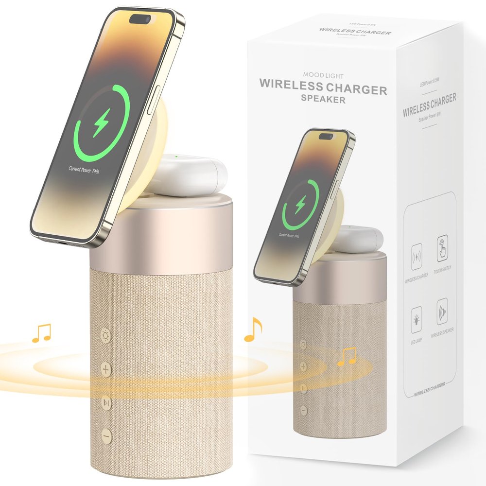 COLSUR Bluetooth Speaker, Magnetic Wireless Charger, Bluetooth Speakers with Night Light, 2 in 1 Wireless Charging Station for iPhone 17/16/15/14/13/12 Series, AirPods Pro 2/4/3/2Gift Ideal(Yellow)