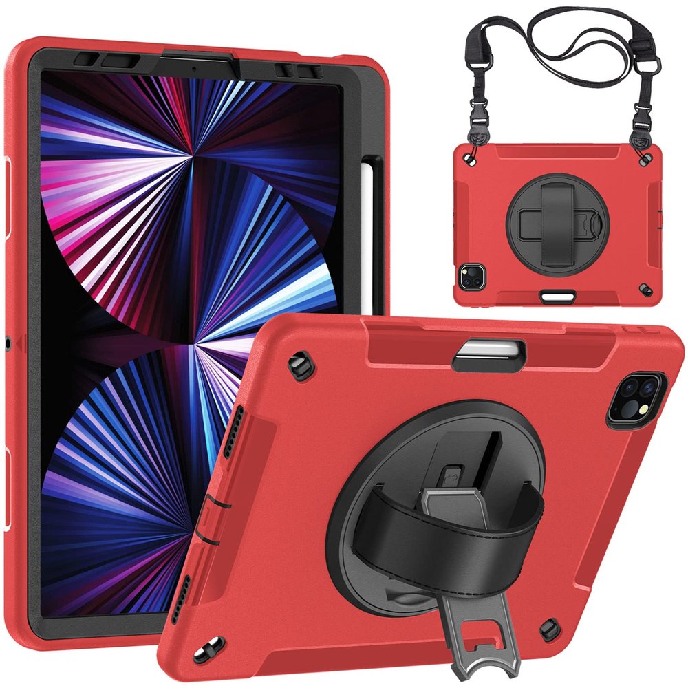 AdirMi Case for New iPad Pro 11 inch 2022(4th Gen)/2021(3rd Gen), 3 Layer Rugged Military Grade Shockproof Case with 360 Swivel Stand -Handle Grip -Shoulder Strap -Pencil Holder,Red