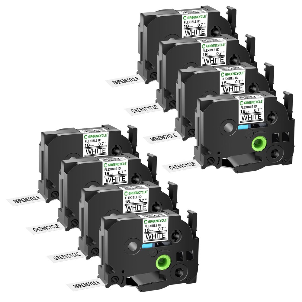 GREENCYCLE Flexible ID Tape Compatible for Ptouch TZe-FX241 18mm 0.7 Inch 3/4" Laminated Black on White AZE Label Tape Used in PT-D400 PT-D400AD PT-D450 PT-D600 PT-P700 PT-P710BT 8 Pack