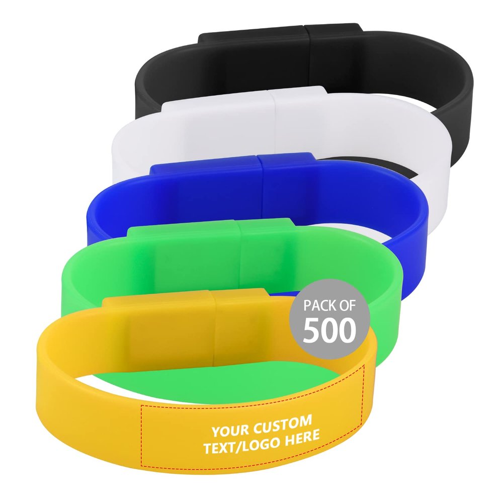 Paintechz Custom Wristband USB Flash Drives 500 Pack Bulk, Personalized Logo or Text - as Company Gifts and Promotional Giveaways - 512MB
