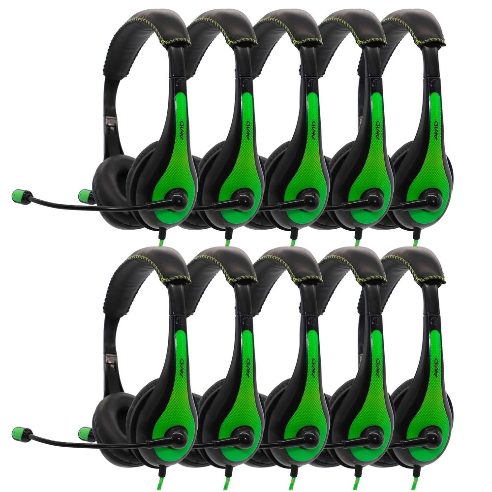 Avid Products AE-36 Headset in Green with Adjustable Boom Microphone for School, Classroom, Education, Testing and Assessment (25 Pack)