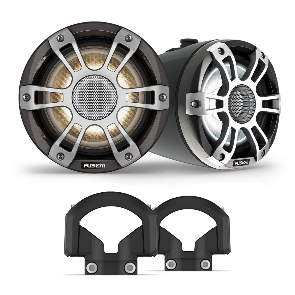 Garmin Fusion SG-FLT653SPB 6.5" Gray Sports Grille LED Black Tower Speakers with XS-MNTSP XS Series 6.5" Mount Brackets, Pair, Fits 1.31"-2.5" Bars