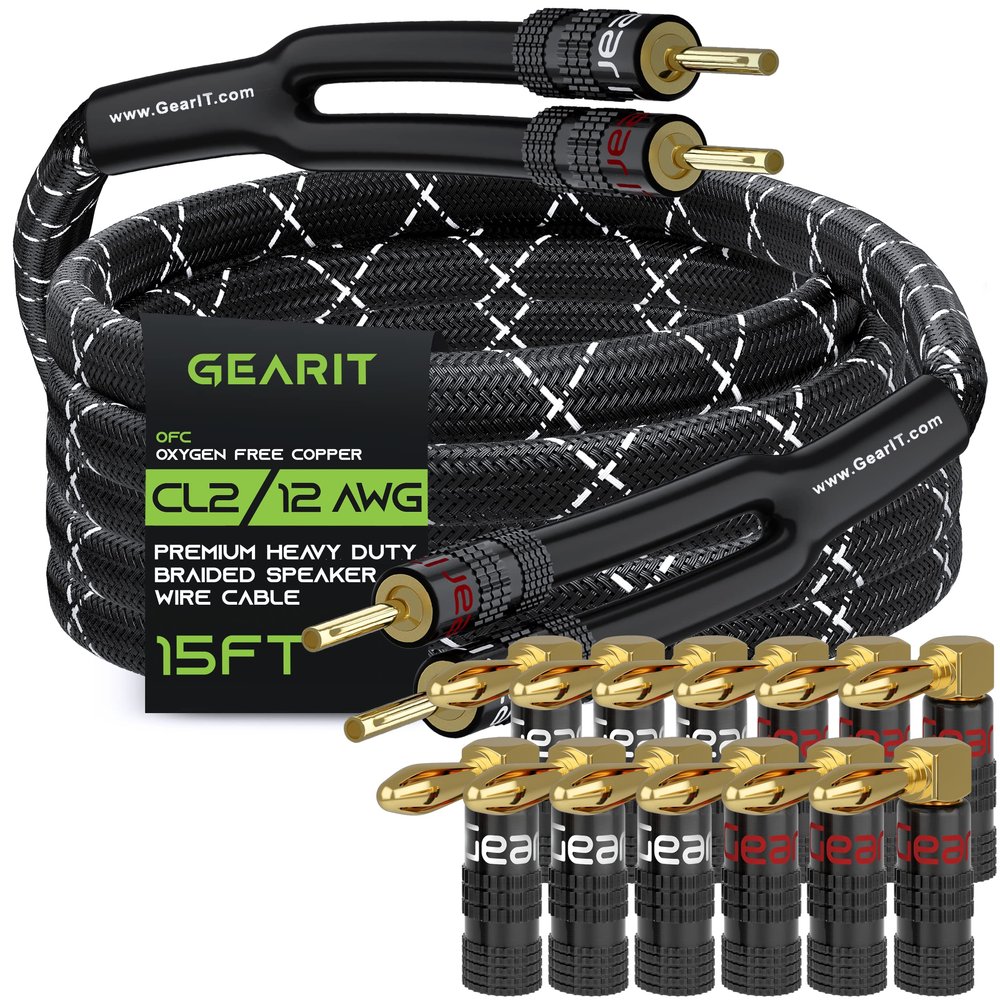 GEARit 15ft 12 AWG Y Speaker Wire & 12 Rt Angle Banana Plug