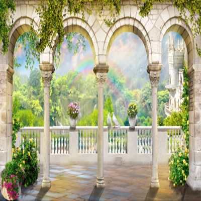 BELECO 10x6.5ft Fabric Fantasy Palace Garden Balcony Backdrop for Photography Romantic Castle Terrace Scenery Stone Arch Columns Leaves Vine Flowers Mountain Trees Background Princess Party Photo Prop