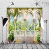 BELECO 10x6.5ft Fabric Fantasy Palace Garden Balcony Backdrop for Photography Romantic Castle Terrace Scenery Stone Arch Columns Leaves Vine Flowers Mountain Trees Background Princess Party Photo Prop view 2