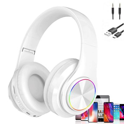 ESSGUO Over Ear Kids Bluetooth Headphones, Colorful LED Lights Headphones with Built-in Mic, Wired & Wireless Lightweight Foldable HiFi Stereo Headset for Gift, Tablet, Adult, Game(White)