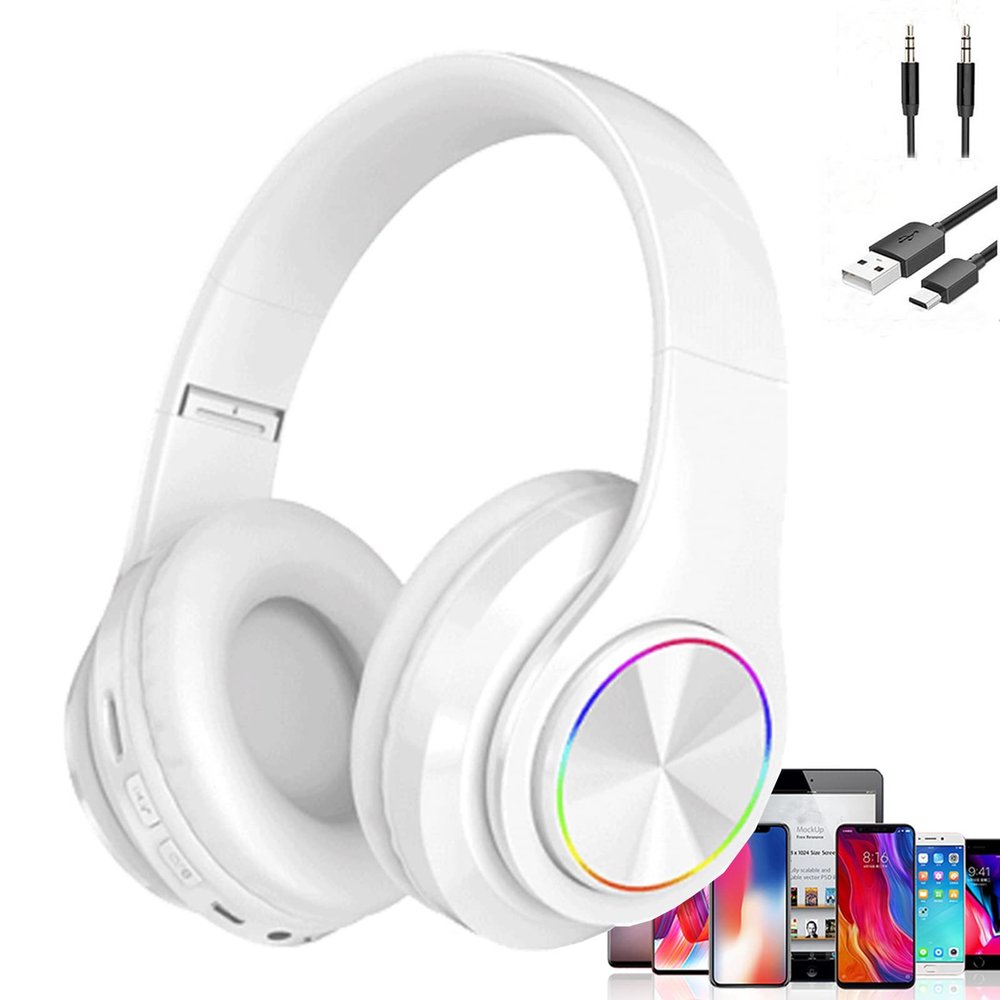 ESSGUO Over Ear Kids Bluetooth Headphones, Colorful LED Lights Headphones with Built-in Mic, Wired & Wireless Lightweight Foldable HiFi Stereo Headset for Gift, Tablet, Adult, Game(White)