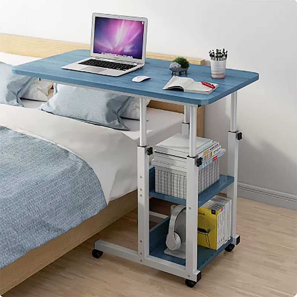 BLOHDI Portable Medical Overbed Table, Height Adjustable Overbed Table On Wheels 2 Tier Book Shelves Mobile Laptop Computer Stand Desk Rolling Coffee Side Table (Color : C)