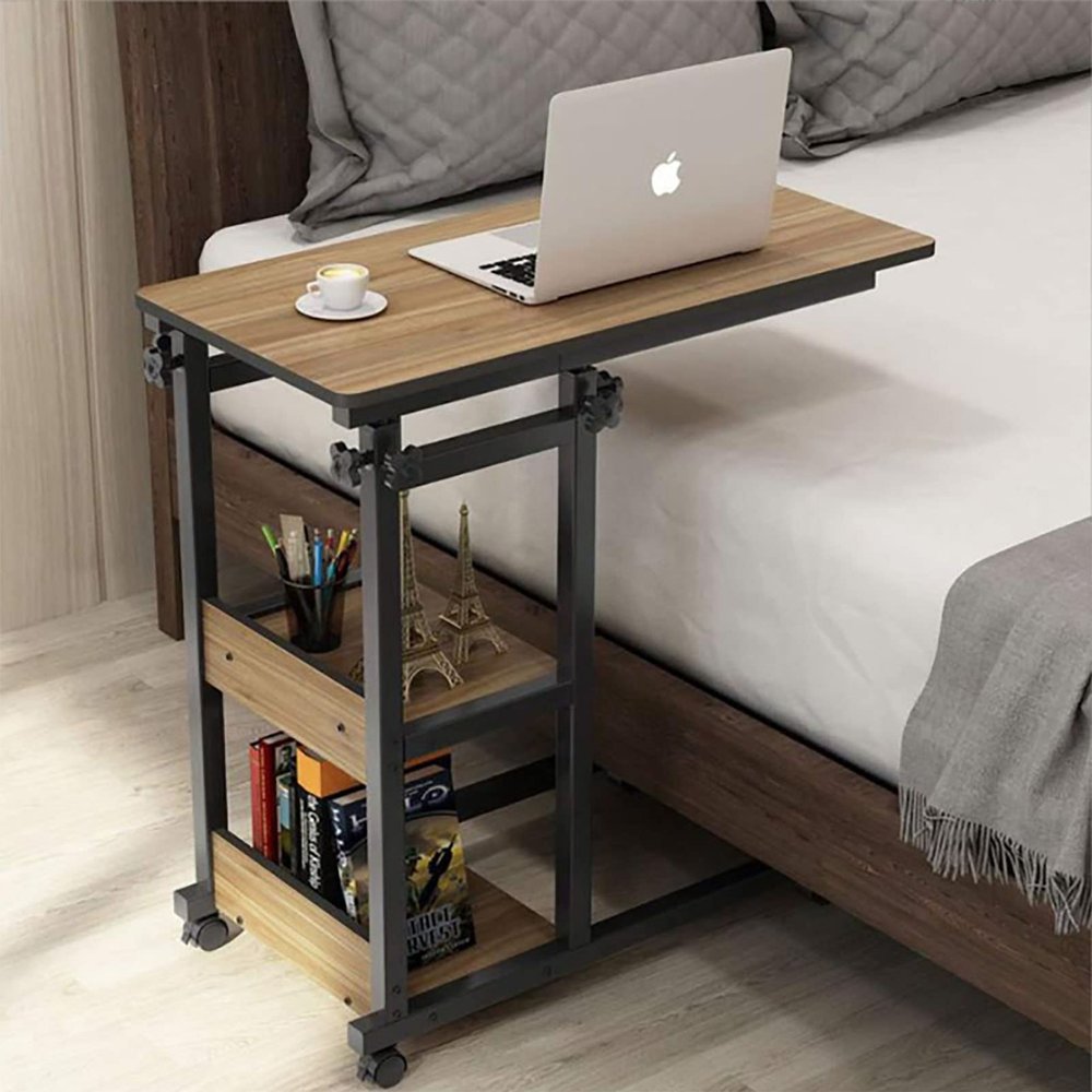 BLOHDI Portable Medical Overbed Table, Height Adjustable Overbed Table On Wheels 2 Tier Book Shelves Mobile Laptop Computer Stand Desk Rolling Coffee Side Table (Color : A)