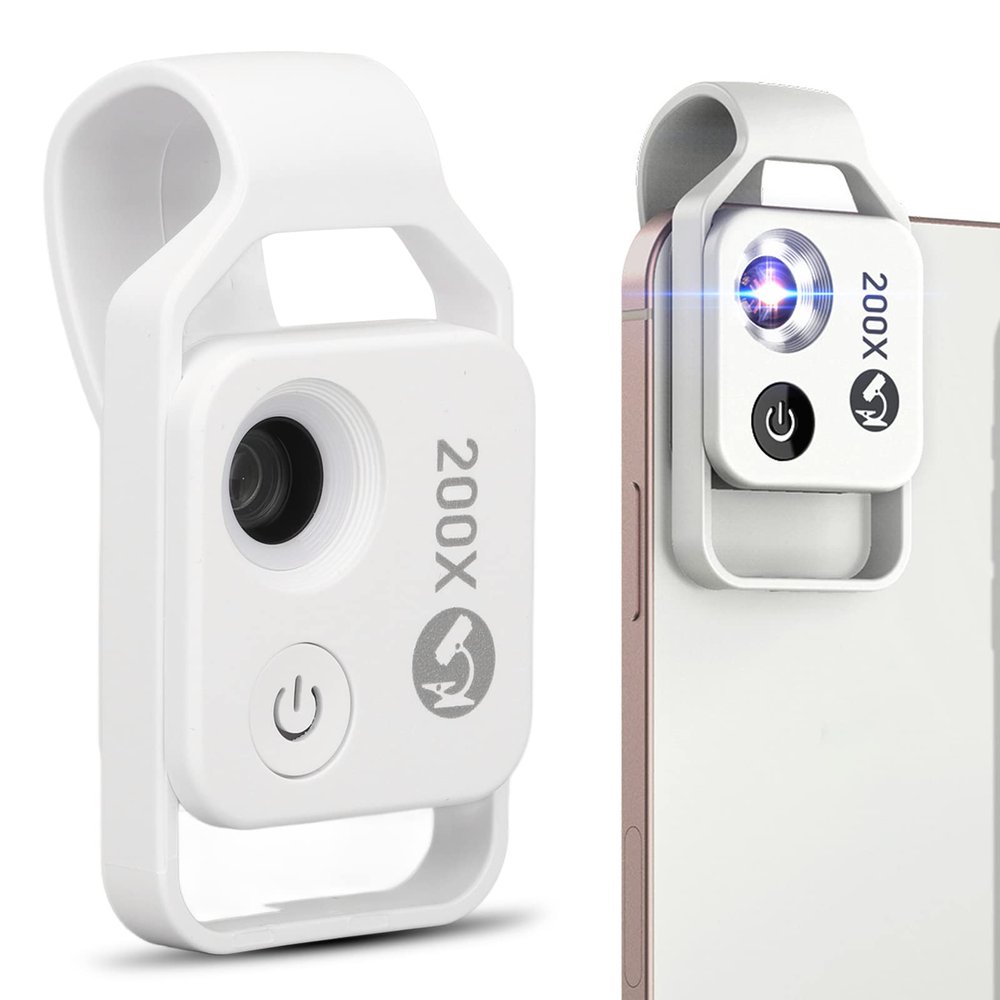 200X Phone Mini Microscope with LED Light CPL, Clip Design Universal Cell Phone Microscope Lens, Phone Camera Lens Attachment Microscope, for Kids Adults (White)