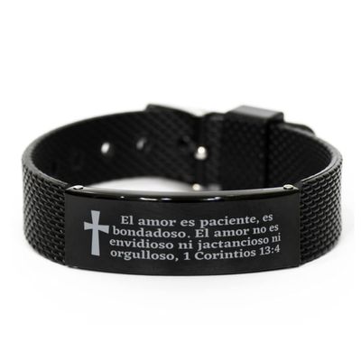 Brazaletes con frases de la Biblia - El Amor ES paciente, ES bondadoso. El Amor no ES envidioso ni jactancioso ni orgulloso - 1 Corintios 13:4 - pulsera con cierre deslizante - Pulsera de Malla