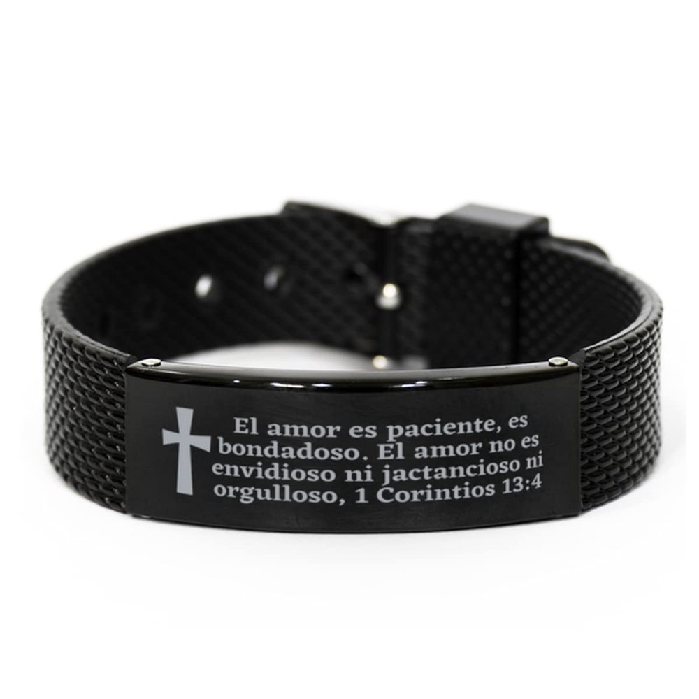 Brazaletes con frases de la Biblia - El Amor ES paciente, ES bondadoso. El Amor no ES envidioso ni jactancioso ni orgulloso - 1 Corintios 13:4 - pulsera con cierre deslizante - Pulsera de Malla