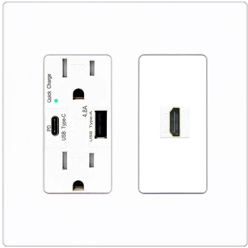 RiteAV HDMI Wall Plate 1 Port - USB A+C Charger [Screwless White]
