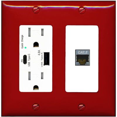 RiteAV 1 Port Cat7 Shielded Ethernet Wall Plate - USB A+C Charger Outlet [Red/White]