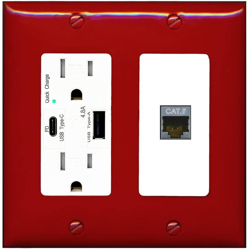 RiteAV 1 Port Cat7 Shielded Ethernet Wall Plate - USB A+C Charger Outlet [Red/White]