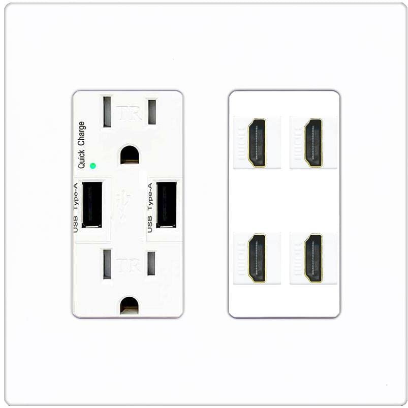 RiteAV 4 Port HDMI Wall Plate - USB Outlet [Screwless White]