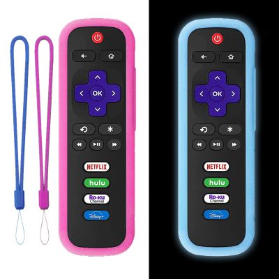 2Pack Universal Remote Cover for Roku TV | Silicone Protective Controller Sleeve for Roku Express 4K+ 2021 | Roku Streaming Stick+ | Roku TCL Hisense Case with Lanyards Glow Blue&Rose Red (Not Glow)