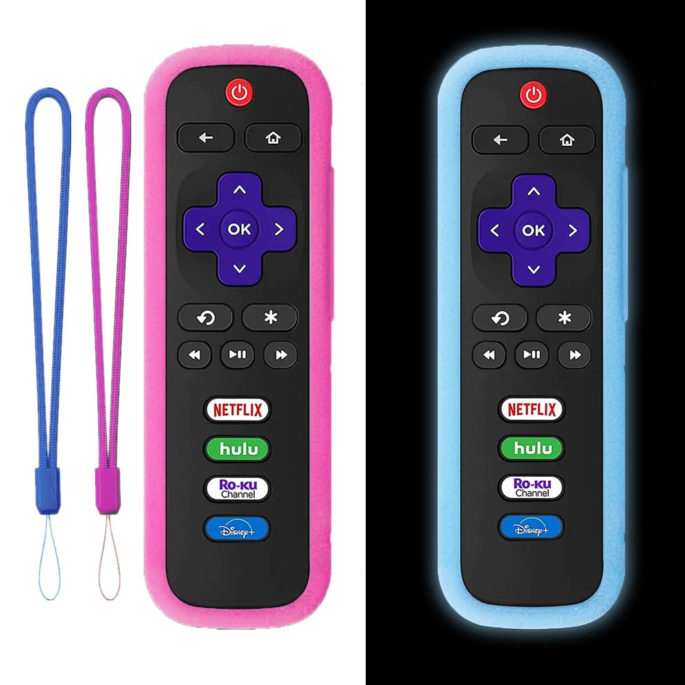 2Pack Universal Remote Cover for Roku TV | Silicone Protective Controller Sleeve for Roku Express 4K+ 2021 | Roku Streaming Stick+ | Roku TCL Hisense Case with Lanyards Glow Blue&Rose Red (Not Glow)