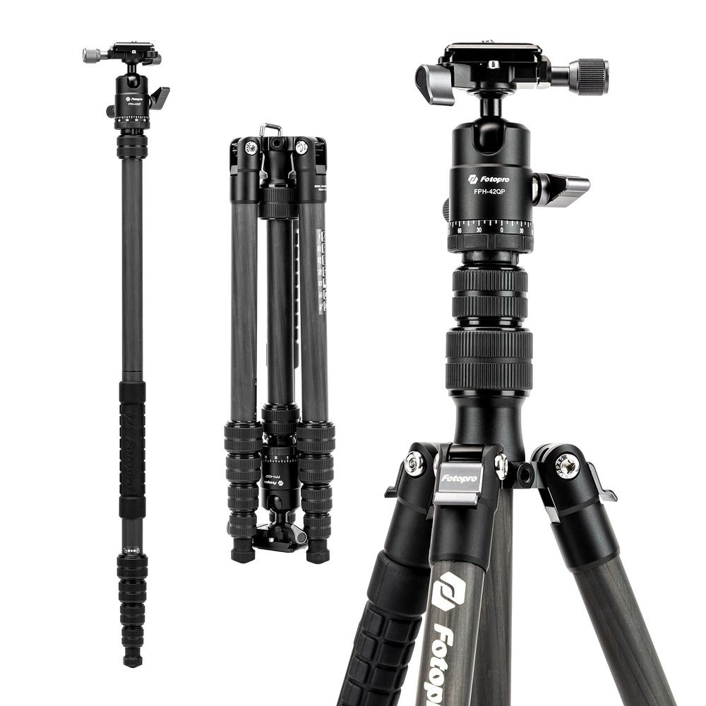 Fotopro 62" Carbon Fiber Travel Tripod, Lightweight Compact Camera Tripod with Ball Head and Arca-Swiss Quick Release Plate, Detachable Monopod, Carry Bag, Load up to 8KG/17.63lbs, Weighs only 2lbs.